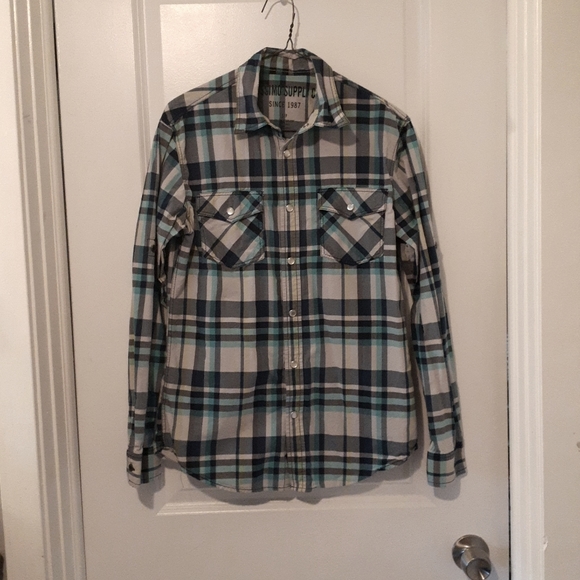 Mossimo Small Blue Plaid Snap Button down shirt - Picture 1 of 4